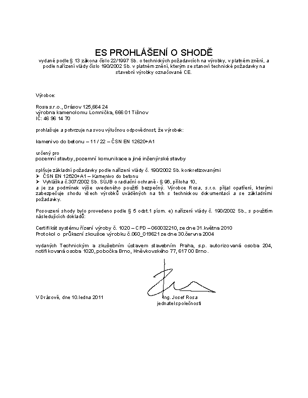 Obraz certifikátů, prohlášení o shodě a CE