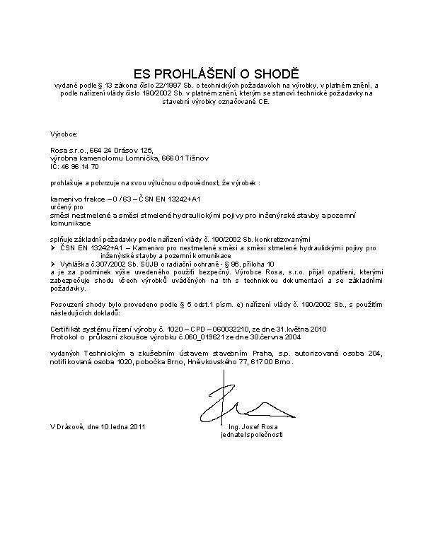 Obraz certifikátů, prohlášení o shodě a CE