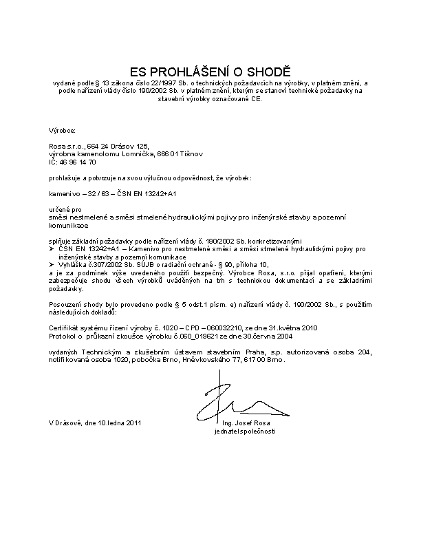 Obraz certifikátů, prohlášení o shodě a CE