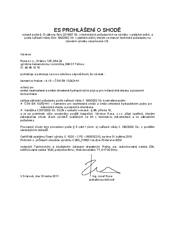 Obraz certifikátů, prohlášení o shodě a CE