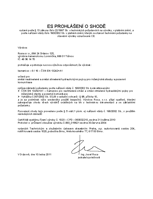 Obraz certifikátů, prohlášení o shodě a CE